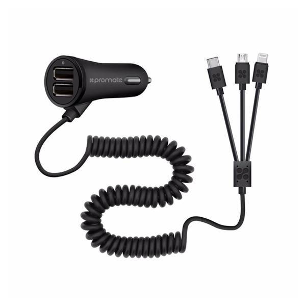 Promate Charger-Trio Car Charger with microUSB-Lightning-Type-C Cable، شارژر فندکی پرومیت مدل Charger-Trio همراه با کابل microUSB-Lightning-Type-C