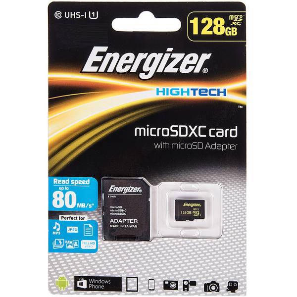 Energizer Hightech UHS-I U1 Class 10 80MBps microSDXC With SD Adapter - 128GB، کارت حافظه microSDXC انرجایزر مدل Hightech کلاس 10 استاندارد UHS-I U1 سرعت 80MBps همراه با آداپتور SD ظرفیت 128 گیگابایت