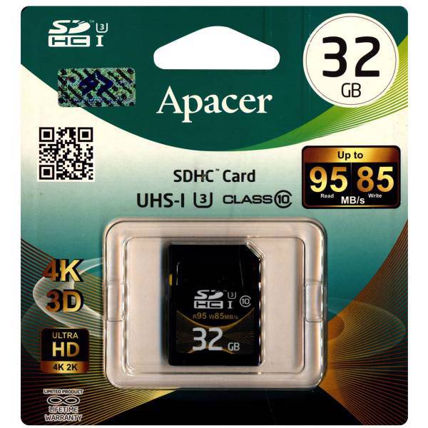 Apacer UHS-I U3 Class 10 95MBps SDHC - 32GB، کارت حافظه SDHC اپیسر کلاس 10 استاندارد UHS-I U3 سرعت 95MBps ظرفیت 32 گیگابایت