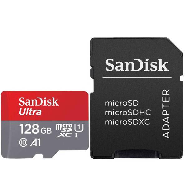 Sandisk Ultra UHS-I U1 Class 10 And A1 100MBps 667X microSDXC With Adapter 128GB، کارت حافظه microSDXC سن دیسک مدل Ultra کلاس10 و A1 استاندارد UHS-I U1 سرعت 100MBps 667X همراه با آداپتور SD ظرفیت 128 گیگابایت