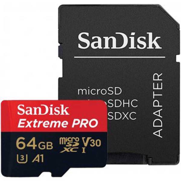 Sandisk Extreme Pro V30 UHS-I U3 Class A1 100MBps 667X microSDXC Card 64GB، کارت حافظه microSDXC سن دیسک مدلExtreme Pro V30 کلاسA1 استاندارد UHS-I U3 سرعت 100MBps 667X ظرفیت 64 گیگابایت