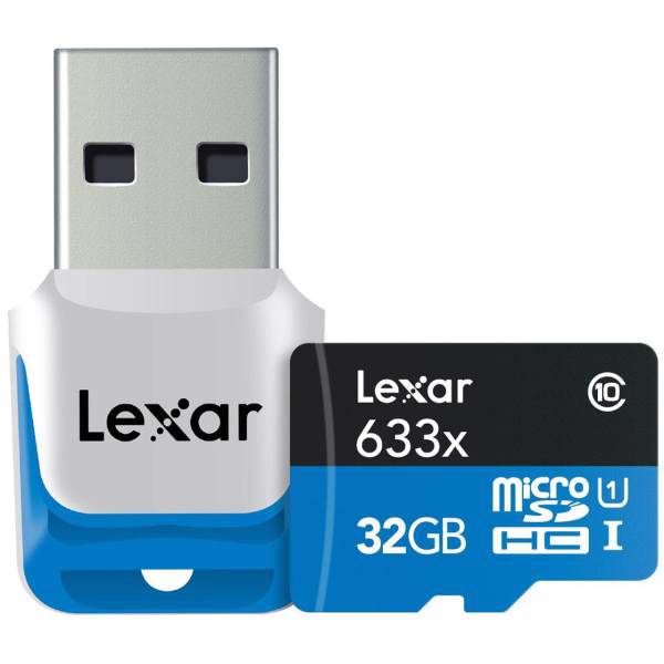 Lexar High-Performance UHS-I U1 Class 10 633X microSDHC USB 3.0 Reader - 32GB، کارت حافظه microSDHC لکسار مدل High-Performance کلاس 10 استاندارد UHS-I U1 سرعت 633X همراه با USB 3.0 ریدر - ظرفیت 32 گیگابایت