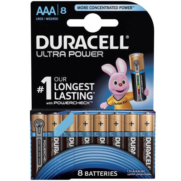 Duracell Ultra Power Duralock With Power Check AAA Battery Pack Of 8، باتری نیم قلمی دوراسل مدل Ultra Power Duralock With Power Check بسته 8 عددی