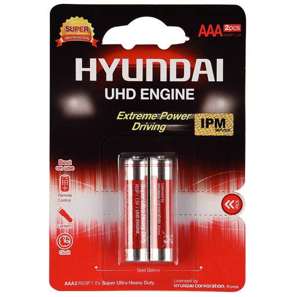 Hyundai Super Ultra Heavy Duty AAA Battery Pack Of 2، باتری نیم قلمی هیوندای مدل Super Ultra Heavy Duty بسته 2 عددی