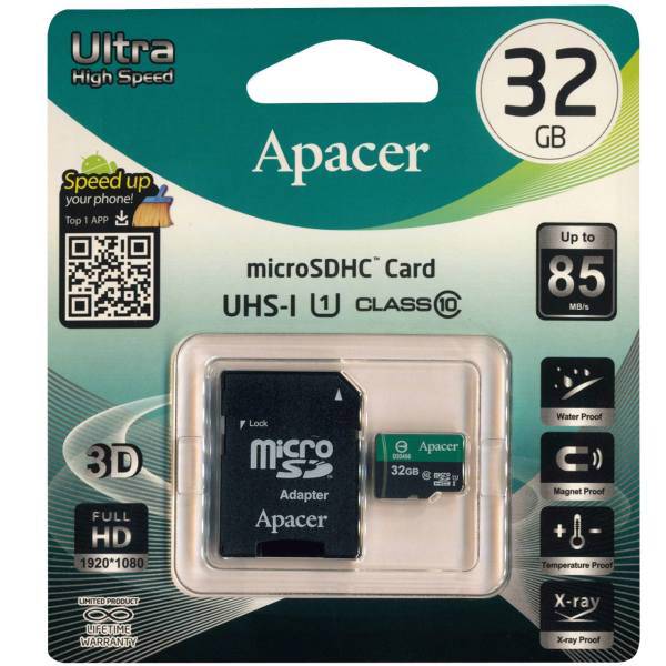 Apacer Color Ultra High Speed UHS-I U1 Class 10 85MBps microSDHC With Adapter - 32GB، کارت حافظه microSDHC اپیسر مدل Color Ultra High Speed کلاس 10 استاندارد UHS-I U1 سرعت 85MBps به همراه آداپتور SD ظرفیت 32 گیگابایت