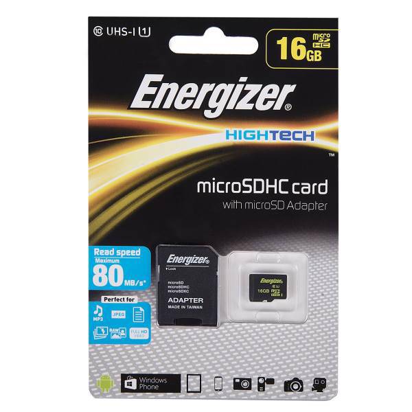 Energizer Hightech UHS-I U1 Class 10 80MBps microSDHC With Adapter - 16GB، کارت حافظه microSDHC انرجایزر مدل Hightech کلاس 10 استاندارد UHS-I U1 سرعت 80MBps همراه با آداپتور SD ظرفیت 16 گیگابایت