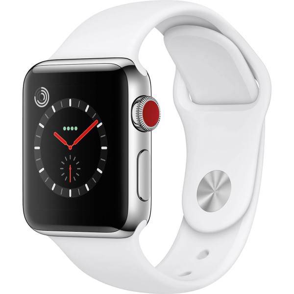 Apple Watch Series 3 Cellular 38mm Stainless Steel Case with Soft White Sport Band، ساعت هوشمند اپل واچ سری 3 سلولار مدل 38mm Stainless Steel Case with Soft White Sport Band