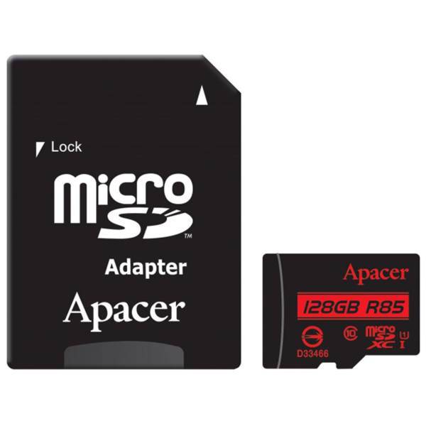Apacer UHS-I U1 Class 10 85MBps microSDXC With Adapter - 128GB، کارت حافظه microSDXC اپیسر کلاس 10 استاندارد UHS-I U1 سرعت 85MBps همراه با آداپتور SD ظرفیت 128 گیگابایت
