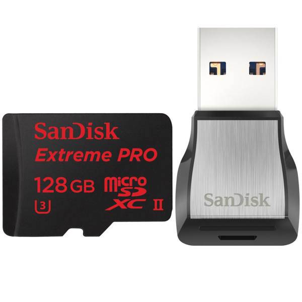 Sandisk Extreme PRO UHS-II U3 Class 10 275MBps microSDXC with USB 3.0 Reader - 128GB، کارت حافظه microSDXC سن دیسک مدل Extreme PRO کلاس 10 استاندارد UHS-II U3 سرعت 275MBps همراه با ریدر USB 3.0 ظرفیت 128 گیگابایت