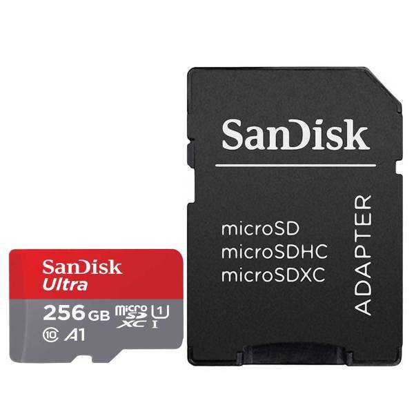 Sandisk Ultra UHS-I U1 Class 10 And A1 100MBps 667X microSDXC With Adapter 256 GB، کارت حافظه microSDXC سن دیسک مدل Ultra کلاس10 و A1 استاندارد UHS-I U1 سرعت 100MBps 667X همراه با آداپتور SD ظرفیت 256 گیگابایت