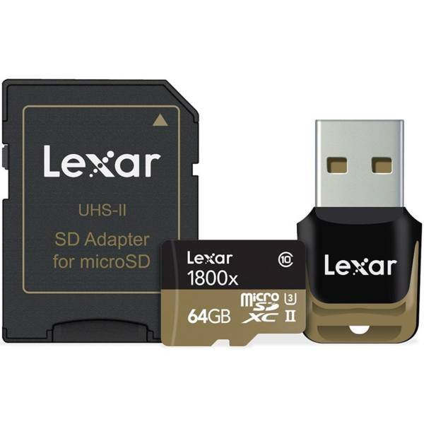 Lexar Professional UHS-II U3 Class 10 1800X microSDXC With USB 3.0 Reader And Adapter - 64GB، کارت حافظه microSDXC لکسار مدل Professional کلاس 10 استاندارد UHS-II U3 سرعت 1800X همراه با ریدر USB 3.0 و آداپتور - ظرفیت 64 گیگابایت