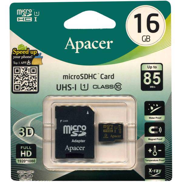 Apacer UHS-I U1 Class 10 85MBps microSDHC With Adapter - 16GB، کارت حافظه اپیسر کلاس 10 استاندارد UHS-I U1 سرعت 85MBps همراه با آداپتور SD ظرفیت 16 گیگابایت