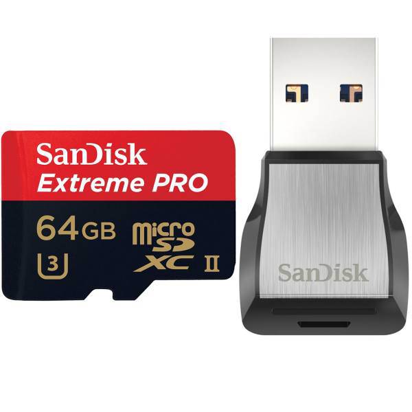 Sandisk Extreme PRO UHS-II U3 Class 10 275MBps microSDXC with USB 3.0 Reader - 64GB، کارت حافظه microSDXC سن دیسک مدل Extreme PRO کلاس 10 استاندارد UHS-II U3 سرعت 275MBps همراه با ریدر USB 3.0 ظرفیت 64 گیگابایت