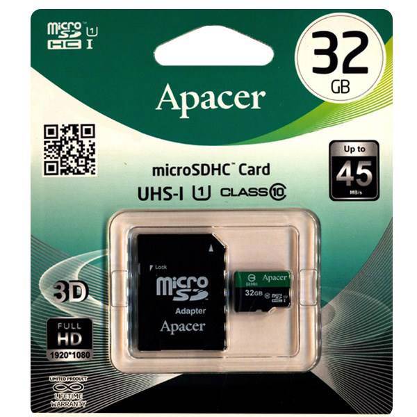 Apacer Color UHS-I U1 Class 10 45MBps microSDHC With Adapter - 32GB، کارت حافظه microSDHC اپیسر مدل Color کلاس 10 استاندارد UHS-I U1 سرعت 45MBps به همراه آداپتور SD ظرفیت 32 گیگابایت