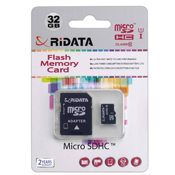 RiData High Speed UHS-I U1 Class 10 microSDHC With Adapter - 32GB، کارت حافظه microSDHC ری دیتا مدل High Speed کلاس 10 استاندارد UHS-I U1 به همراه آداپتور SD ظرفیت 32 گیگابایت