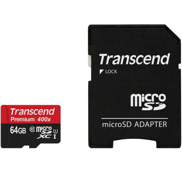 Transcend Premium UHS-I U1 Class 10 60MBps 400X microSDXC With Adapter - 64GB، کارت حافظه microSDXC ترنسند مدل Premium کلاس 10 استاندارد UHS-I U1 سرعت 60MBps 400X همراه با آداپتور SD ظرفیت 64 گیگابایت