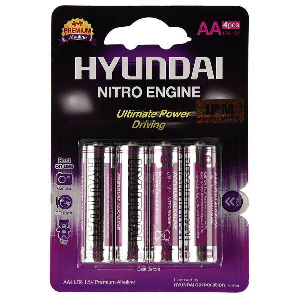 Hyundai Premium Alkaline AA Battery Pack Of 4، باتری قلمی هیوندای مدل Premium Alkaline بسته 4 عددی