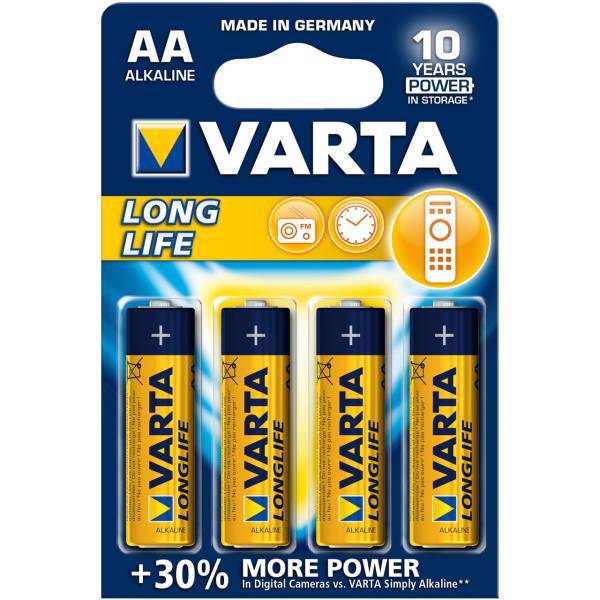 Varta LongLife Alkaline LR6 AA Batteryack of 4، باتری قلمی وارتا مدل LongLife Alkaline LR6 بسته 4 عددی