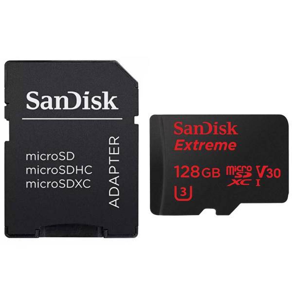 Sandisk Extreme V30 UHS-I U3 Class 10 90MBps 600X microSDXC With Adapter - 128GB، کارت حافظه microSDXC سن دیسک مدل Extreme V30 کلاس 10 استاندارد UHS-I U3 سرعت 90MBps 600X همراه با آداپتور SD ظرفیت 128 گیگابایت