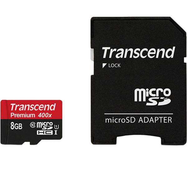Transcend Premium UHS-I U1 Class 10 60MBps 400X microSDHC With Adapter - 8GB، کارت حافظه microSDHC ترنسند مدل Premium کلاس 10 استاندارد UHS-I U1 سرعت 60MBps 400X همراه با آداپتور SD ظرفیت 8 گیگابایت