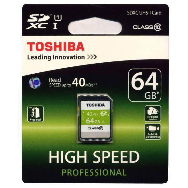 Toshiba High Speed Professional UHS-I U1 Class 10 40MBps SDXC - 64GB، کارت حافظه SDXC توشیبا مدل High Speed Professional کلاس 10 استاندارد UHS-I U1 سرعت 40MBps ظرفیت 64 گیگابایت