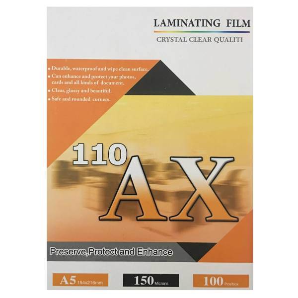 AX 110 Laminatin Film 150 Microns A5 Pack of 100، طلق پرس آ ایکس 110 براق مدل 150 میکرون سایز A5 بسته 100 عددی