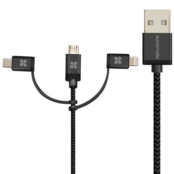 Promate uniLink Trio USB to microUSB/USB-C/Lightning Cable 1.2m، کابل تبدیل USB به microUSB/USB-C/لایتنینگ پرومیت مدل uniLink Trio طول 1.2 متر