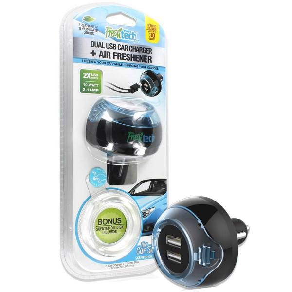 Freshtech Dual USB Car Charger And Air Freshener With 2 Refiles، شارژر فندکی دو پورت و خوشبو کننده اتومبیل فرش تک با دو یدک خوشبو کننده