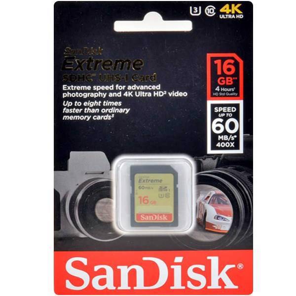 SanDisk Extreme UHS-I U3 60MBps 400X SDHC - 16GB، کارت حافظه سن دیسک مدل Extreme استاندارد UHS-I U3 سرعت 60MBps 400X ظرفیت 16 گیگابایت
