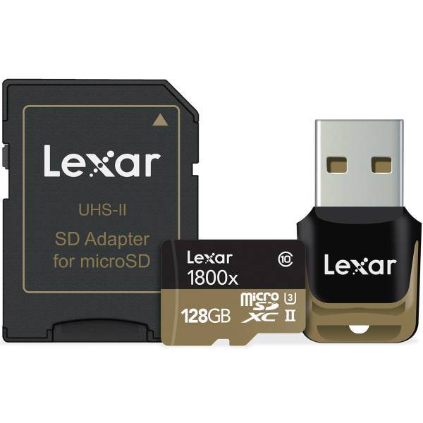 Lexar Professional UHS-II U3 Class 10 1800X microSDXC With USB 3.0 Reader And Adapter - 128GB، کارت حافظه microSDXC لکسار مدل Professional کلاس 10 استاندارد UHS-II U3 سرعت 1800X همراه با ریدر USB 3.0 و آداپتور - ظرفیت 128 گیگابایت