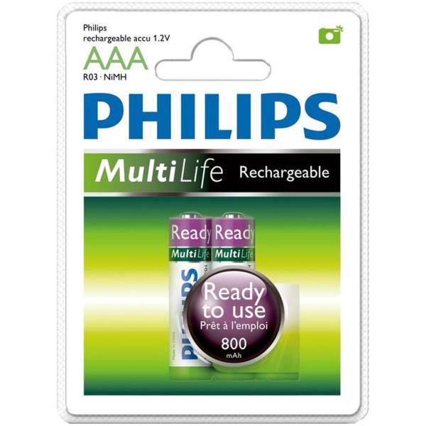 Philips Rechargeable MultiLife R03 NiMH AAA Battery Pack Of 2، باتری نیم قلمی قابل شارژ فیلیپس مدل MultiLife R03 NiMH بسته 2 عددی