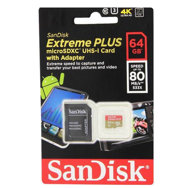 SanDisk Extreme Plus UHS-I U3 Class 10 80MBps 533X microSDXC With Adapter - 64GB، کارت حافظه microSDXC سن دیسک مدل Extreme Plus کلاس 10 استاندارد UHS-I U3 سرعت 80MBps 533X همراه با آداپتور SD ظرفیت 64 گیگابایت