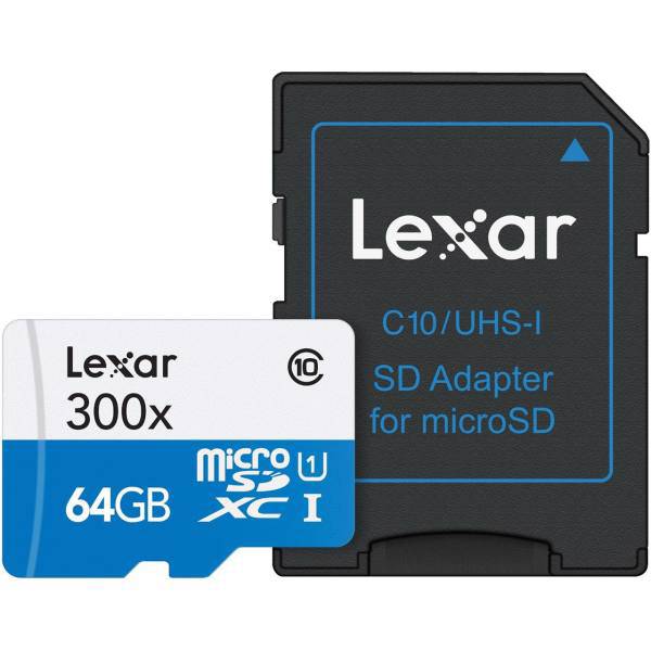 Lexar High-Performance UHS-I U1 Class 10 45MBps 300X microSDXC With Adapter - 64GB، کارت حافظه‌ microSDXC لکسار مدل High-Performance کلاس 10 استاندارد UHS-I U1 سرعت 45MBps 300X همراه با آداپتور SD ظرفیت 64 گیگابایت