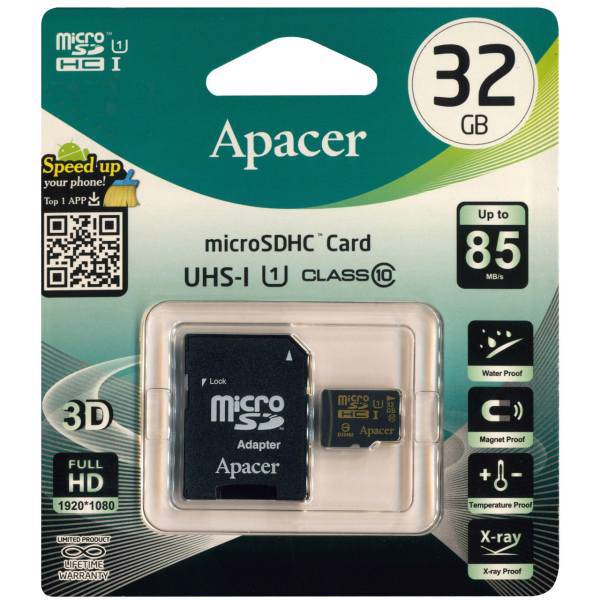 Apacer UHS-I U1 Class 10 85MBps microSDHC With Adapter - 32GB، کارت حافظه microSDHC اپیسر کلاس 10 استاندارد UHS-I U1 سرعت 85MBps همراه با آداپتور SD ظرفیت 32 گیگابایت