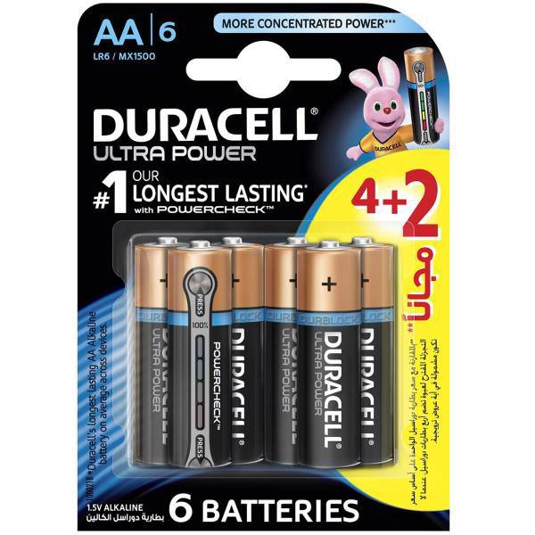 Duracell Ultra Power Duralock With Power Check AA Battery Pack Of 4 Plus 2، باتری قلمی دوراسل مدل Ultra Power Duralock With Power Check بسته 2 + 4 عددی