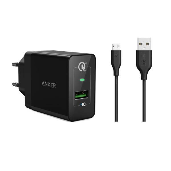 anker Quick Charge 3.0 Power Port plus 1 B2013 Wall Charger With Micro USB Cable، شارژر دیواری انکر 18 وات مدل Quick Charge 3.0 Power Port plus 1 B2013 همراه با کابل micro USB