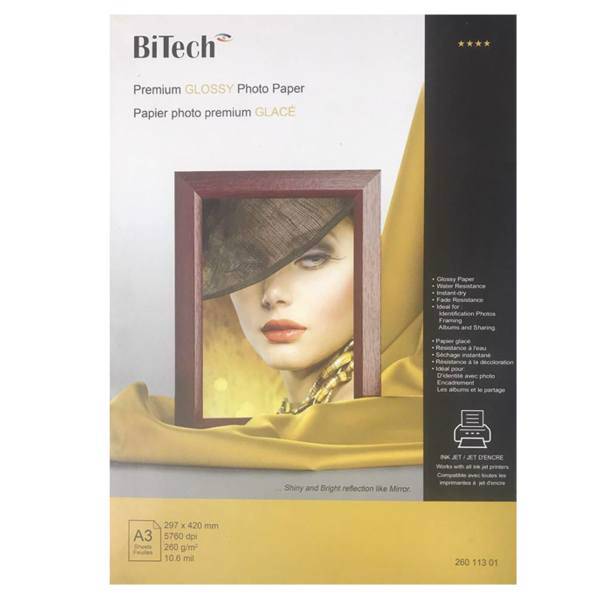 BiTech Glossy Photo Paper A3 pack of 20، کاغذ عکس بای تک مدل Glossy سایز A3 بسته 20 عددی