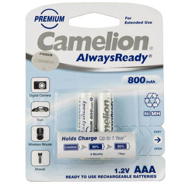 Camelion AlwaysReady 800mAh Rechargeable AAA Battery Pack of 2، باتری نیم قلمی قابل شارژ کملیون مدل AlwaysReady ظرفیت 2500 میلی آمپر ساعت بسته‌ 2 عددی