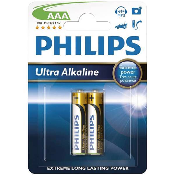 Philips Ultra Alkaline AAA Battery Pack Of 2، باتری نیم قلمی فیلیپس مدل Ultra Alkaline بسته 2 عددی