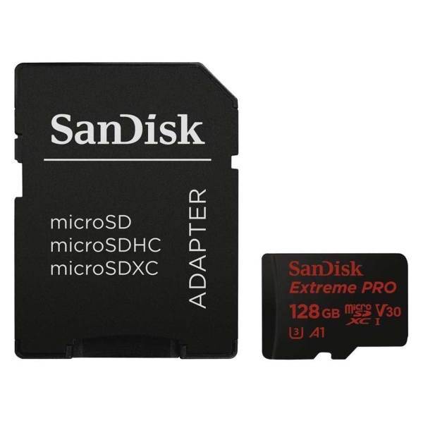 Sandisk Extreme Pro V30 UHS-I U3 Class A1 100MBps 667X microSDXC Card 128GB، کارت حافظه microSDXC سن دیسک مدلExtreme Pro V30 کلاسA1 استاندارد UHS-I U3 سرعت 100MBps 667X ظرفیت 128 گیگابایت