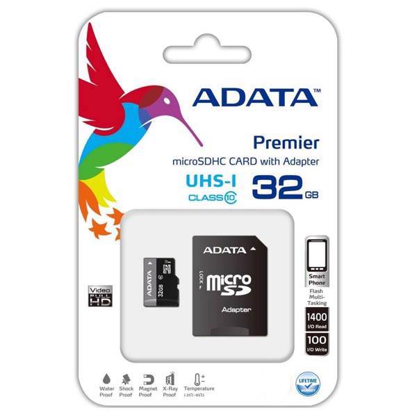 Adata Premier UHS-I Class 10 30MBps microSDHC With Adapter - 32GB، کارت حافظه‌ microSDHC ای دیتا مدل Premier کلاس 10 استاندارد UHS-I U1 سرعت 30MBps همراه با آداپتور تبدیل ظرفیت 32 گیگابایت