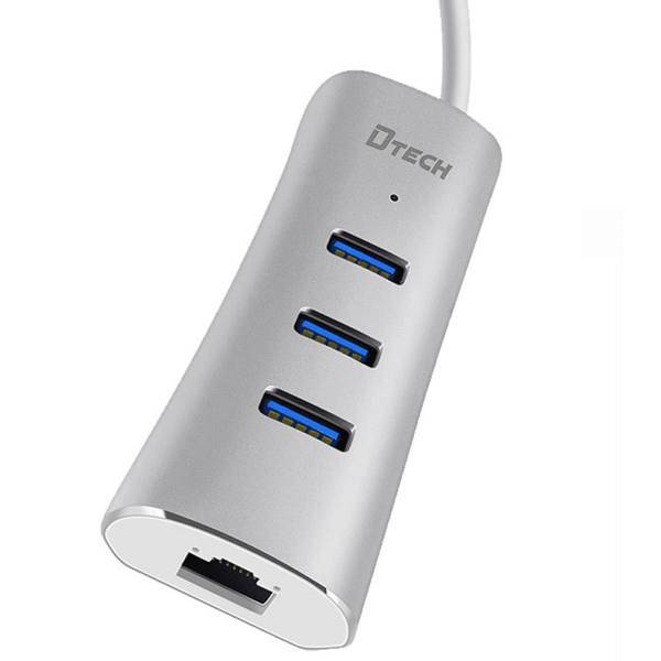 Dtech DT-T0025 USB-C TO USB3.0 HUB with Ethernet LAN، هاب USB-C به 0.USB3 و LAN دیتک مدل DT-T0025