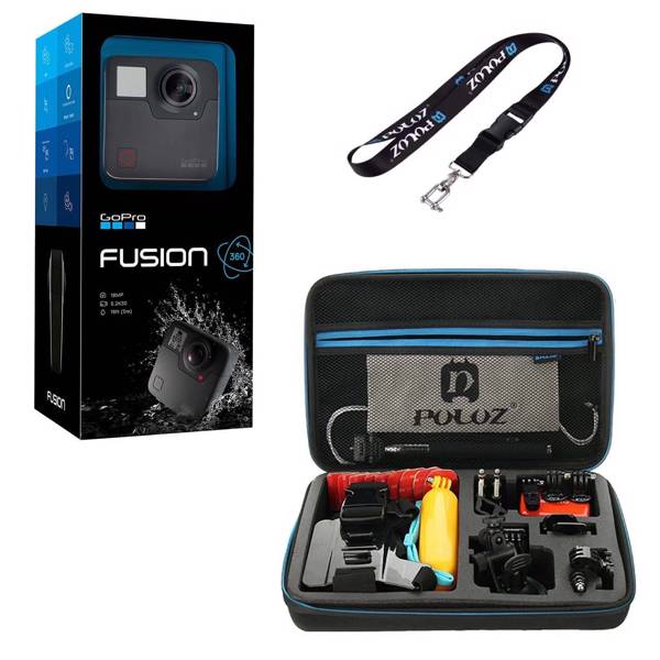 Gopro Fusion Action Camera With Puluz Accessory Bag and Neck Strap، دوربین فیلم برداری ورزشی گوپرو مدل Fusion همراه با کیف و بند آویز پلوز