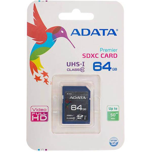 Adata Premier UHS-I U1 Class 10 50MBps SDXC - 64GB، کارت حافظه SDXC ای دیتا مدل Premier کلاس 10 استاندارد UHS-I U1 سرعت 50MBps ظرفیت 64 گیگابایت