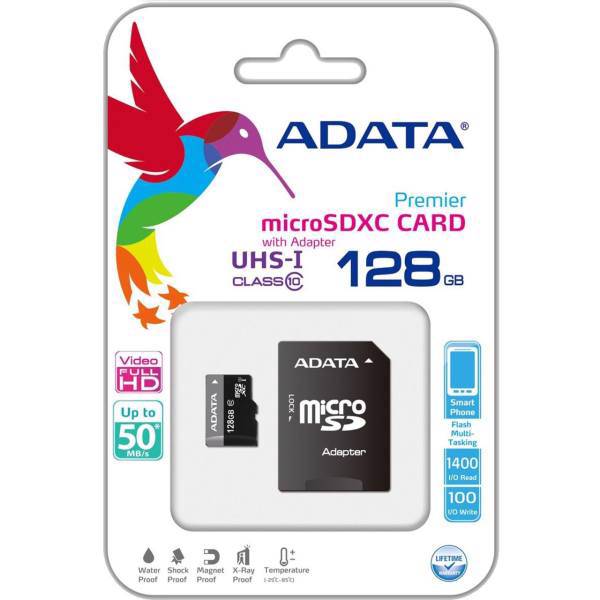 Adata Premier UHS-I U1 Class 10 50MBps microSDXC With Adapter - 128GB، کارت حافظه microSDXC ای دیتا مدل Premier کلاس 10 استاندارد UHS-I U1 سرعت 50MBps همراه با آداپتور SD ظرفیت 128 گیگابایت