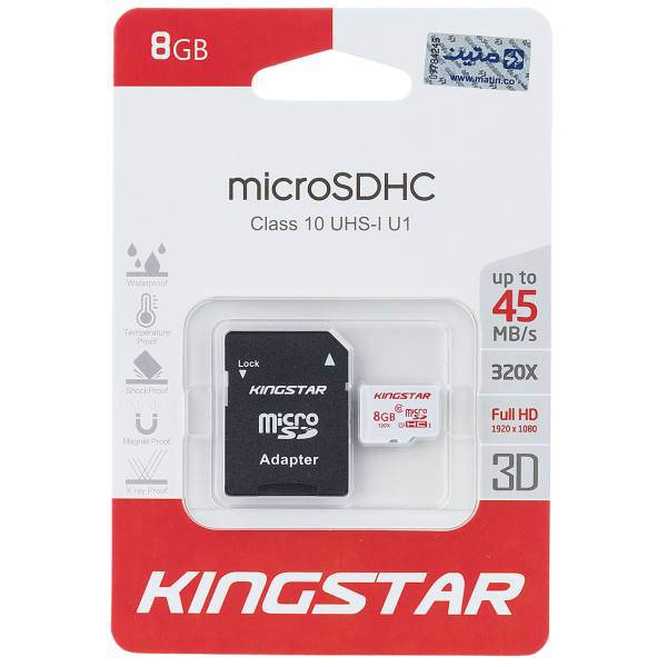 Kingstar UHS-I U1 Class 10 45MBps microSDHC With Adapter 8GB، کارت حافظه microSDHC کینگ استار کلاس 10 استاندارد UHS-I U1 سرعت 45MBps همراه با آداپتور SD ظرفیت 8 گیگابایت