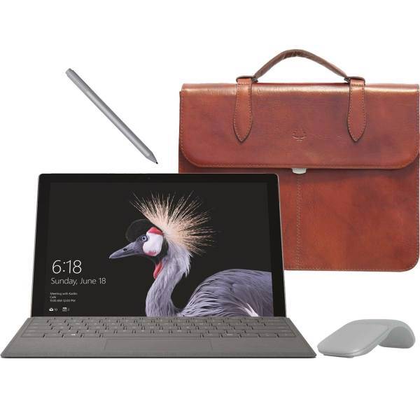 Microsoft Surface Pro 2017 - F - With Platinum Signature Type Cover And Surface Pen 2017 And Surface Mouse 2017 And Senobar Leather Bag- 1TB Tablet، تبلت مایکروسافت مدل Surface Pro 2017 - F به همراه کیبورد و قلم و ماوس 2017 رنگ پلاتینیوم و کیف چرم صنوبر - ظرفیت 1 ترابایت