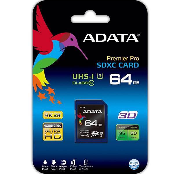 Adata Premier Pro SDXC UHS-I U3 Class 10 64GB، کارت حافظه اس دی Premier Pro SDXC UHS-I U3 Class 10 64GB