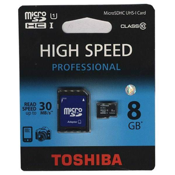 Toshiba High Speed Professional UHS-I U1 30MBps microSD With Adapter - 8GB، کارت حافظه microSDHC توشیبا مدل High Speed Professional کلاس 10 استاندارد UHS-I U1 سرعت 30MBps همراه با آداپتور SD ظرفیت 8 گیگابایت