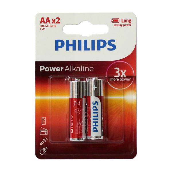 Philips Power Alkaline AA Battery Pack Of 2، باتری قلمی فیلیپس مدل Power Alkaline بسته 2 عددی